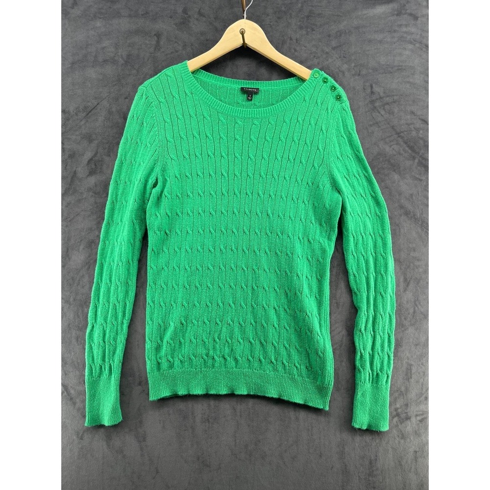 Talbots Green Cable Knit Lambswool Blend Button Shoulder Sweater Small